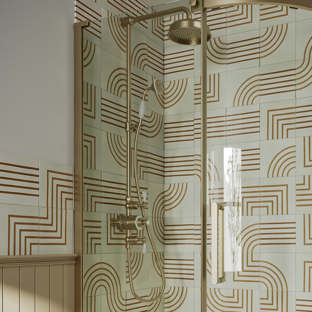 Lifestyle image of Crosswater Belgravia Brushed Brass Dual-Outlet Thermostatic Shower Column